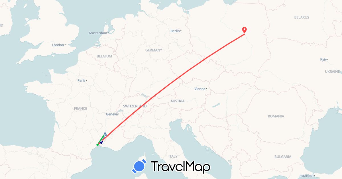 TravelMap itinerary: driving, bus, cycling, hiking in France, Poland (Europe)